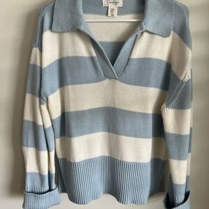 Jessica Simpson Light Blue and Cream Striped V-Neck Collared Sweater